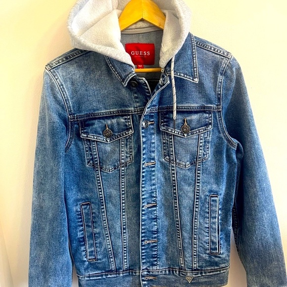 ⭐️New With Out Tag Guess Blue Denim Jacket with Gray Hood⭐️ - Picture 7 of 13
